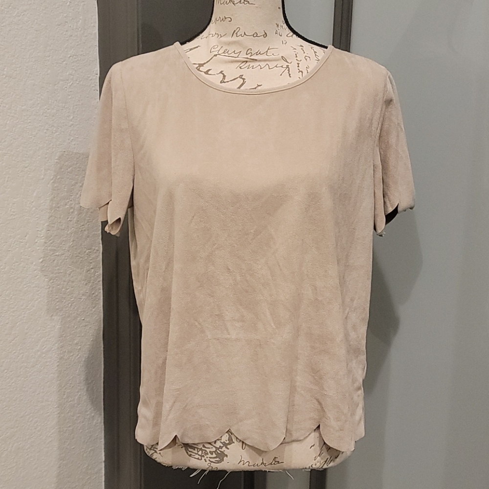 Scalloped Neutral Short Sleeve Blouses